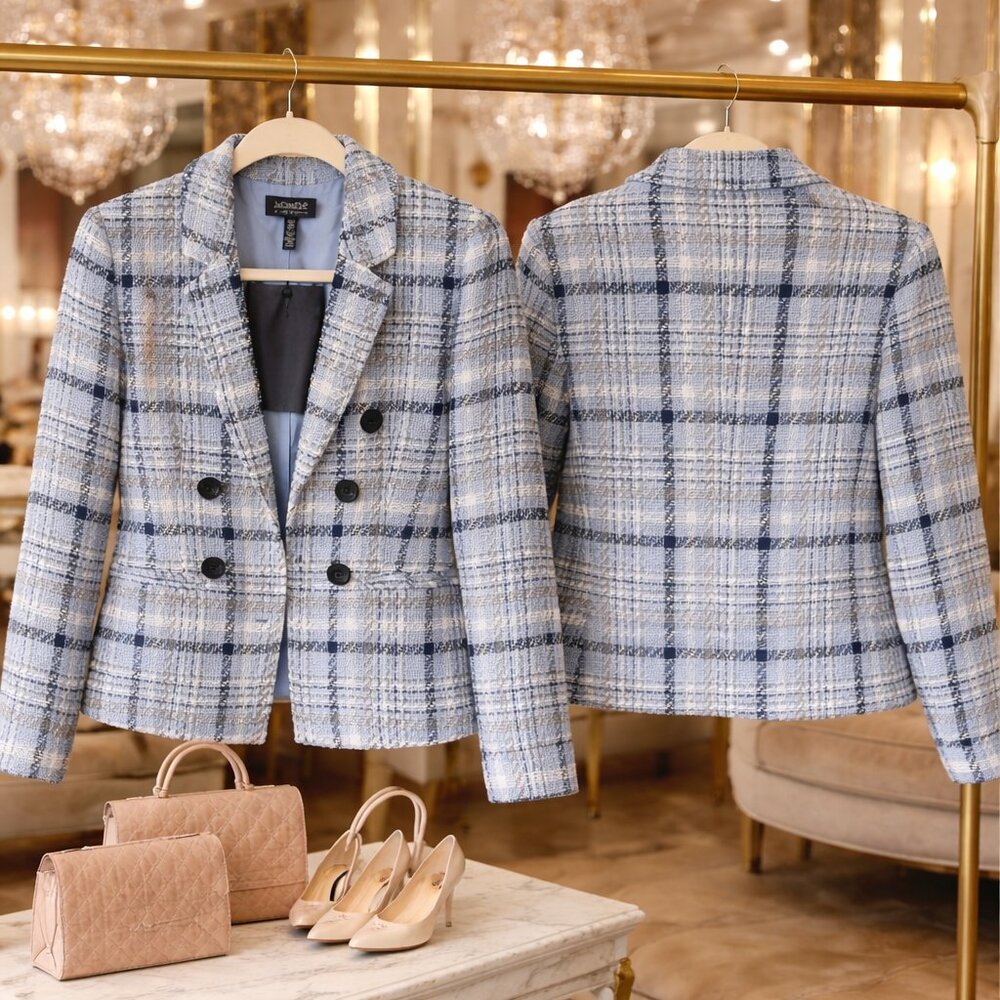 Jones New York Plaid Tweed Blazer NWT Petite Small Blue Jacket Open Front - Picture 6 of 13
